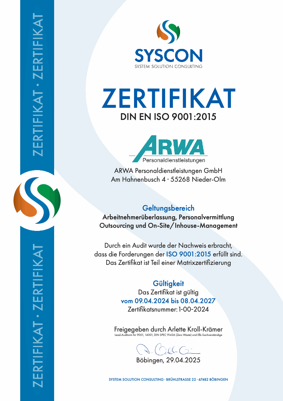 Erste Seite des ISO-9001-Zertifikats von ARWA