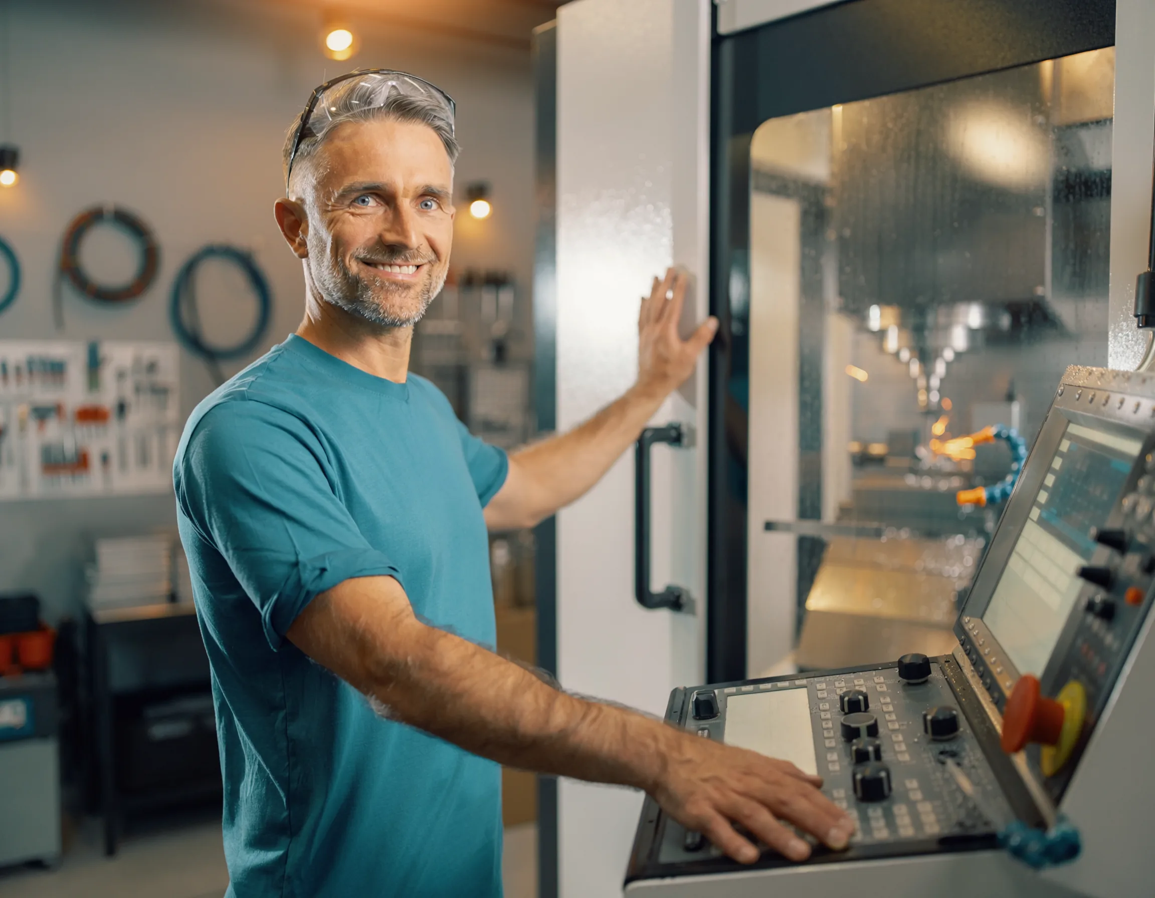 Techniker mit Schutzbrille an Werkzeugmaschine — Arbeitssicherheit