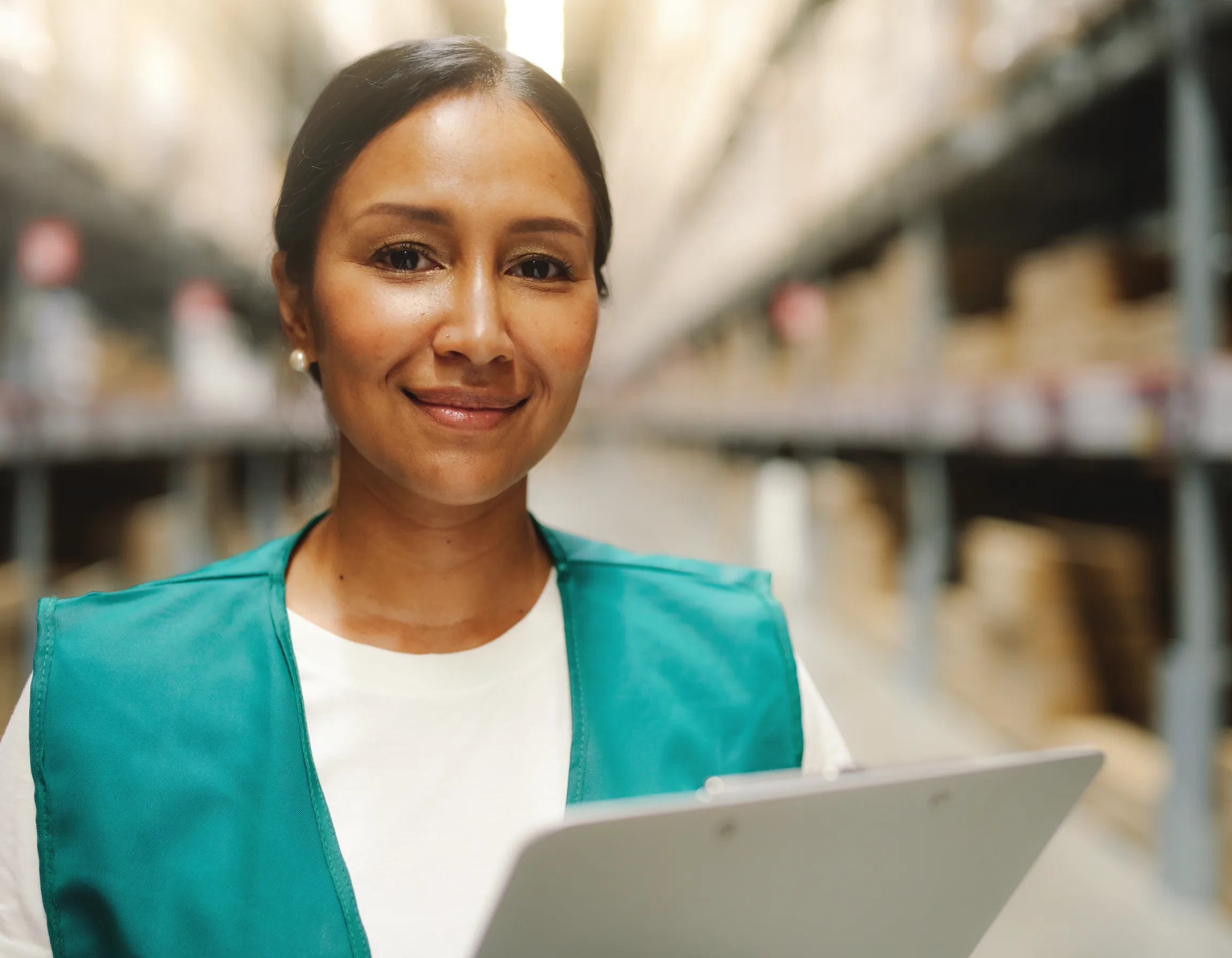 Selbstbewusste Lagermitarbeiterin in teal Sicherheitsweste — faire Bezahlung in der Zeitarbeit