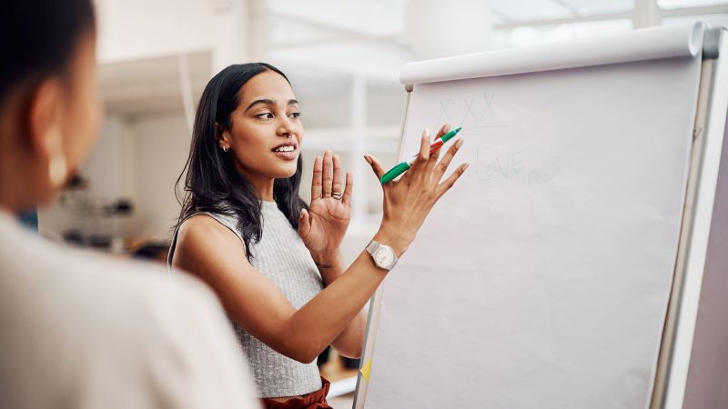 Frau prÃ¤sentiert an einem Flipchart und erklÃ¤rt ein Konzept â€“ symbolisiert persÃ¶nliche FÃ¤higkeiten wie Kommunikation und PrÃ¤sentation.