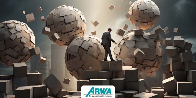 Ein Mann in einem Anzug schreitet zwischen zwei riesigen, zerbröckelnden Steinkugeln, die über einer Stadtlandschaft schweben, wobei Stücke der Kugeln in der Luft schweben. Das Bild trägt das Logo von ARWA Personaldienstleistungen.
