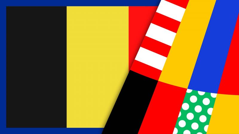 Verschiedene farbige und gemusterte Streifen, die sich kreuzen, einschlieÃŸlich der belgischen Flagge in Schwarz, Gelb und Rot.