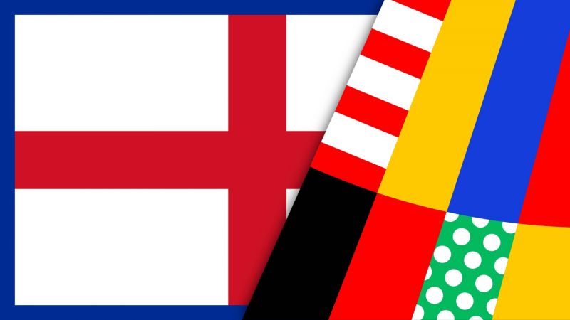 Englische Flagge mit rotem Kreuz auf weiÃŸem Hintergrund, kombiniert mit anderen farbigen und gemusterten Streifen