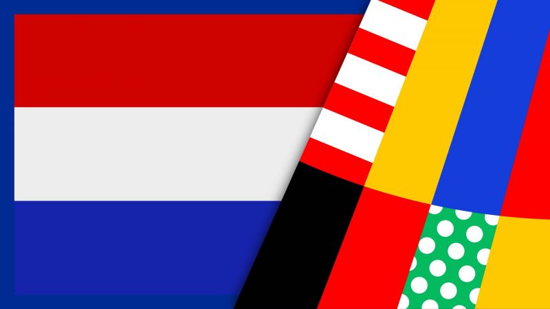 NiederlÃ¤ndische Flagge mit roten, weiÃŸen und blauen Streifen, kombiniert mit anderen farbigen und gemusterten Streifen