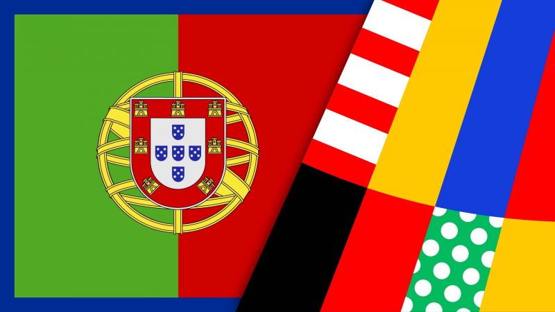 Portugiesische Flagge mit grÃ¼nem und rotem Hintergrund sowie Wappen, kombiniert mit anderen farbigen und gemusterten Streifen