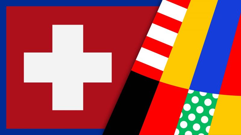 Schweizer Flagge mit weiÃŸem Kreuz auf rotem Hintergrund, kombiniert mit anderen farbigen und gemusterten Streifen
