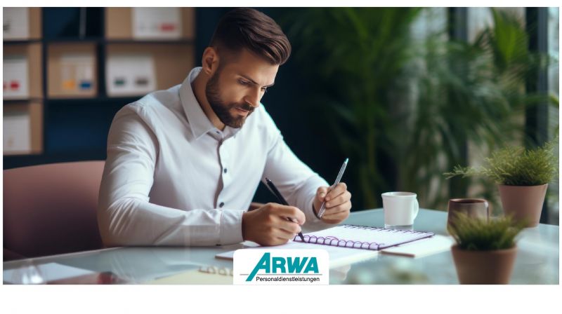 Ein Mann in einem weißen Hemd arbeitet konzentriert an einem Schreibtisch, auf dem eine Tasse Kaffee und Pflanzen im Hintergrund zu sehen sind. Im Vordergrund befindet sich das Logo von ARWA Personaldienstleistungen.
