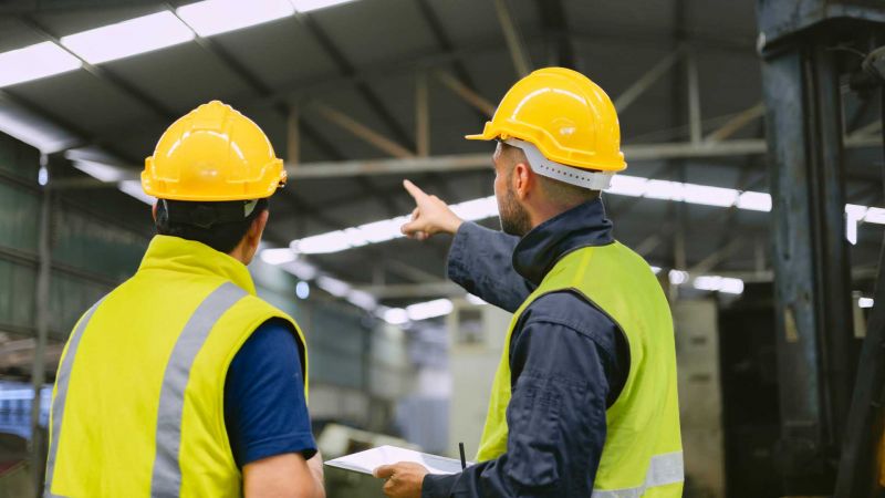 Zwei Lagerarbeiter mit gelben Schutzhelmen und Warnwesten stehen in einem Lagerhaus. Einer der Arbeiter zeigt auf etwas im Hintergrund, wÃ¤hrend der andere aufmerksam zuhÃ¶rt. Die Szene findet in einem gut beleuchteten Lager mit sichtbaren StahltrÃ¤gern und AusrÃ¼stungen statt.