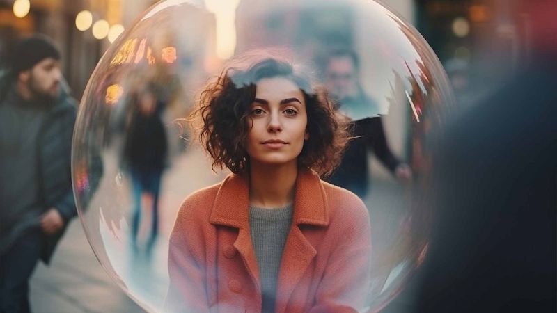 Eine Frau in einem orangefarbenen Mantel wird durch eine transparente Blase isoliert, was Introversion und emotionale Distanz in einer geschÃ¤ftigen Umgebung symbolisiert.