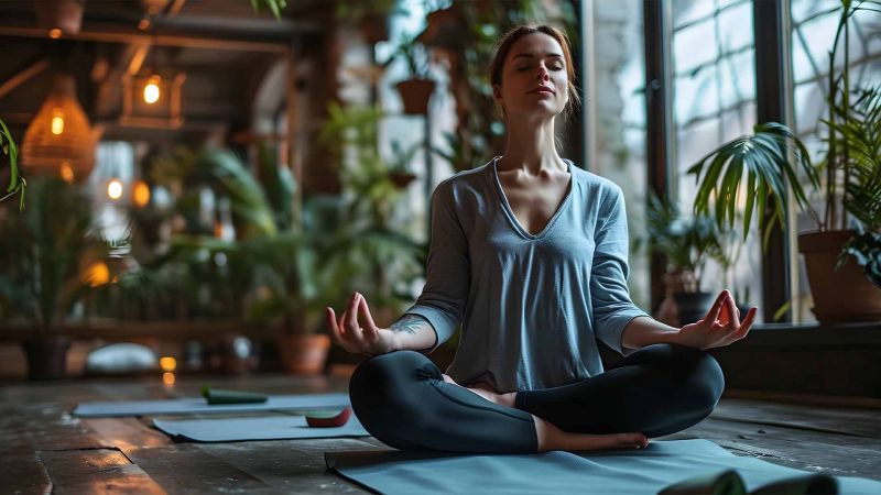 Frau meditiert in einem ruhigen, grÃ¼nen Raum, symbolisiert Work-Life-Balance und StressbewÃ¤ltigung.