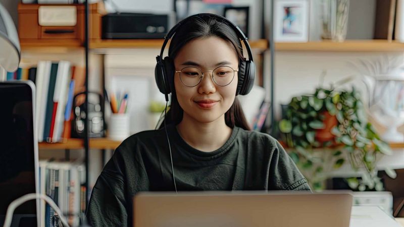 Junge Frau mit KopfhÃ¶rern arbeitet konzentriert am Laptop, zeigt die effektive Nutzung von Introvertiertheit in einer Arbeitsumgebung.