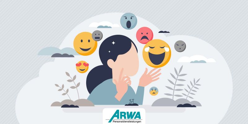 Illustration einer Person mit mehreren unterschiedlichen Emoji-Gesichtern, die verschiedene Emotionen darstellen, symbolisierend ambivalente Gefühle.